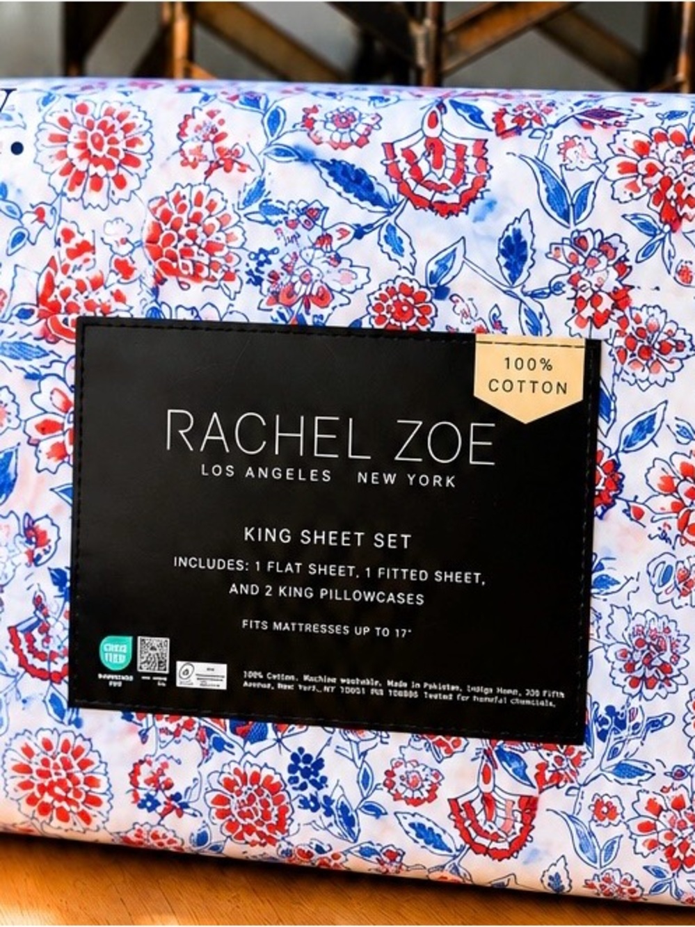 Rachel Zoe Floral King Sheet Set in Red and Blue floral on white background